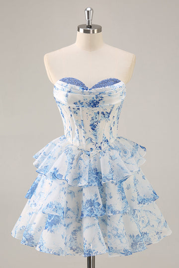 White Blue Flower Corset Tiered Short Homecoming Dress